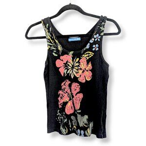 Delias vtg 90s USA made paper tag black multicolor floral ribed grunge tank M